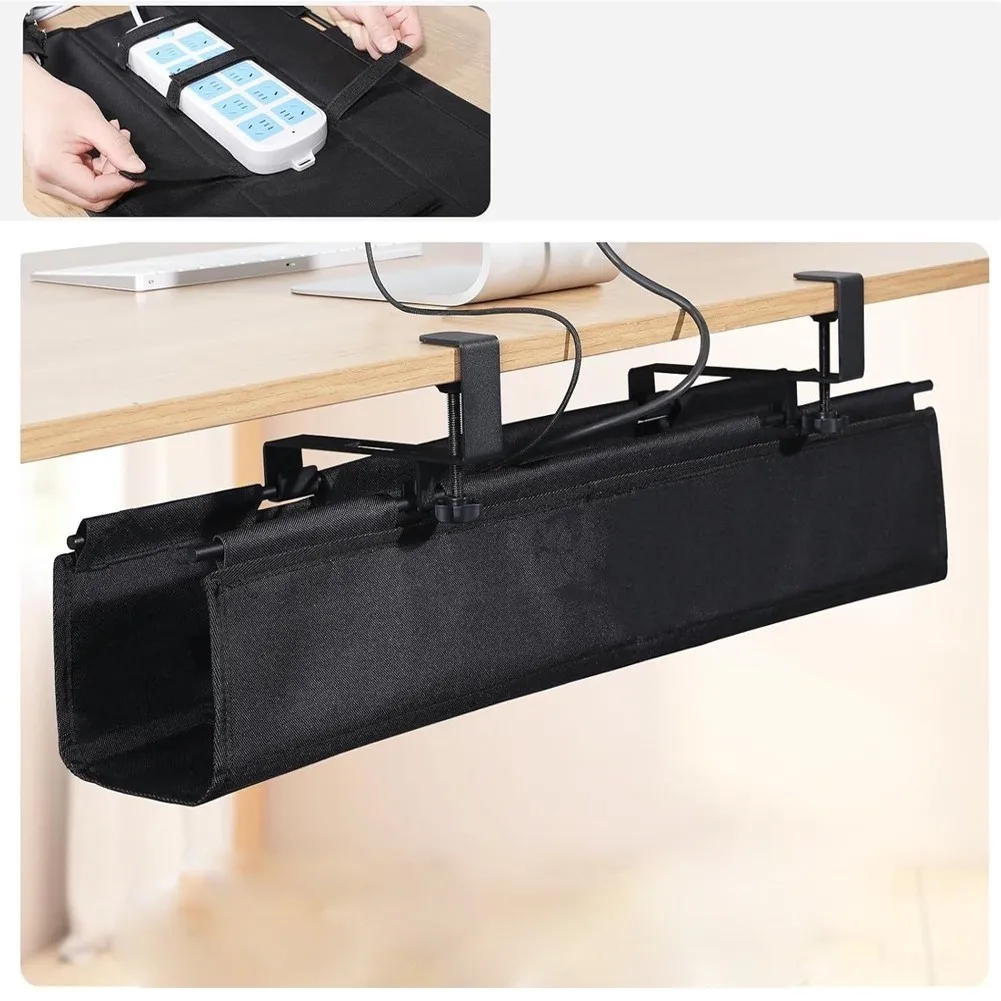 Under Desk Cable Management Tray Clamp On Organizer for Cords For Storage with Iron Frame and Cloth Base Black 1pc