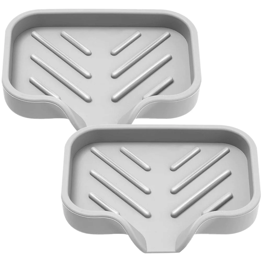 

2pcs Short Grey Silicone Soap Dish Holder for Bathroom Kitchen Waterfall Drainage Non-slip Compact Easy Match Styles