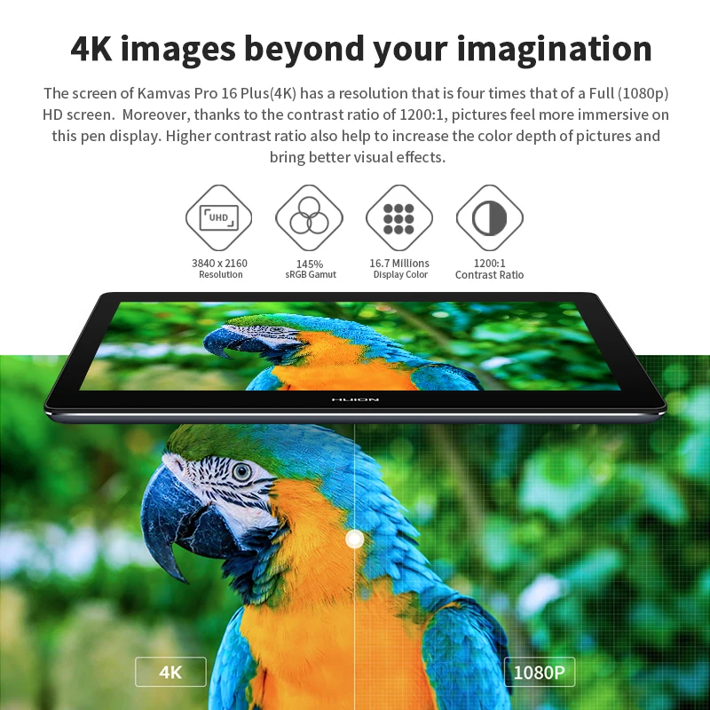 Kamvas Pro 16 Plus 4K Battery Free Digital Drawing Pen Display Graphic Tablet Monitor