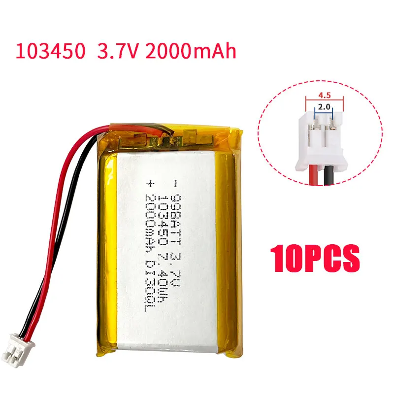 10pcs Polymer Battery 2000mAh 103450 103550 3.7V Lipo Lithium Batteries JST PH2.0 2pin Plug for Pos Machine Mini Printer GPS