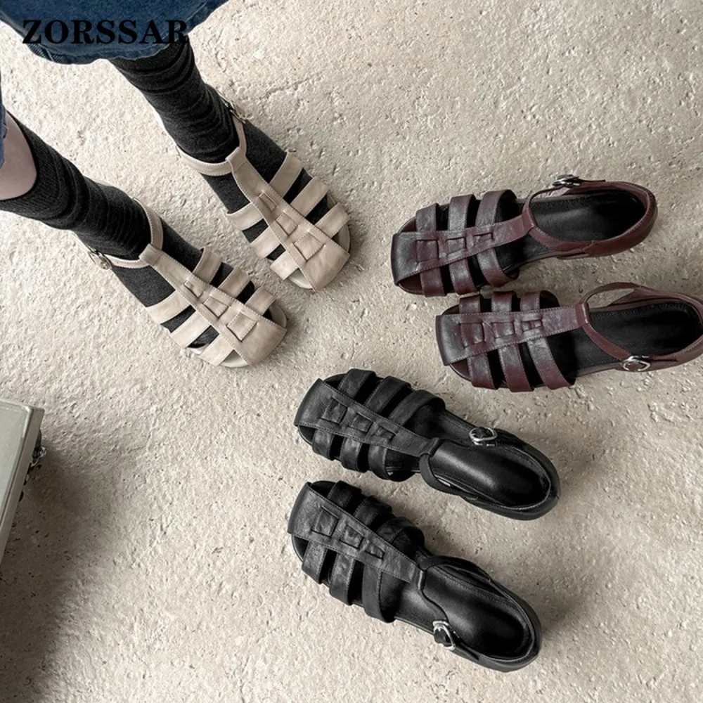 

Женские сандалии-гладиаторы из натуральной кожи с открытым носком, регулируемым ремешком на щиколотке и плоской подошвой, повседневная летняя обувь для ежедневной носки