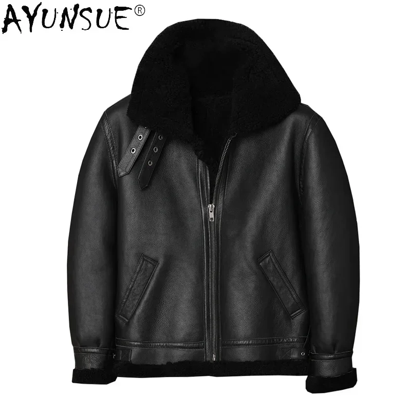 AYUNSUE Real Sheepskin Coat Genuine Leather Jacket Men Fur Winter Shearling Jackets Wool Lining Veste Homme WPY3582