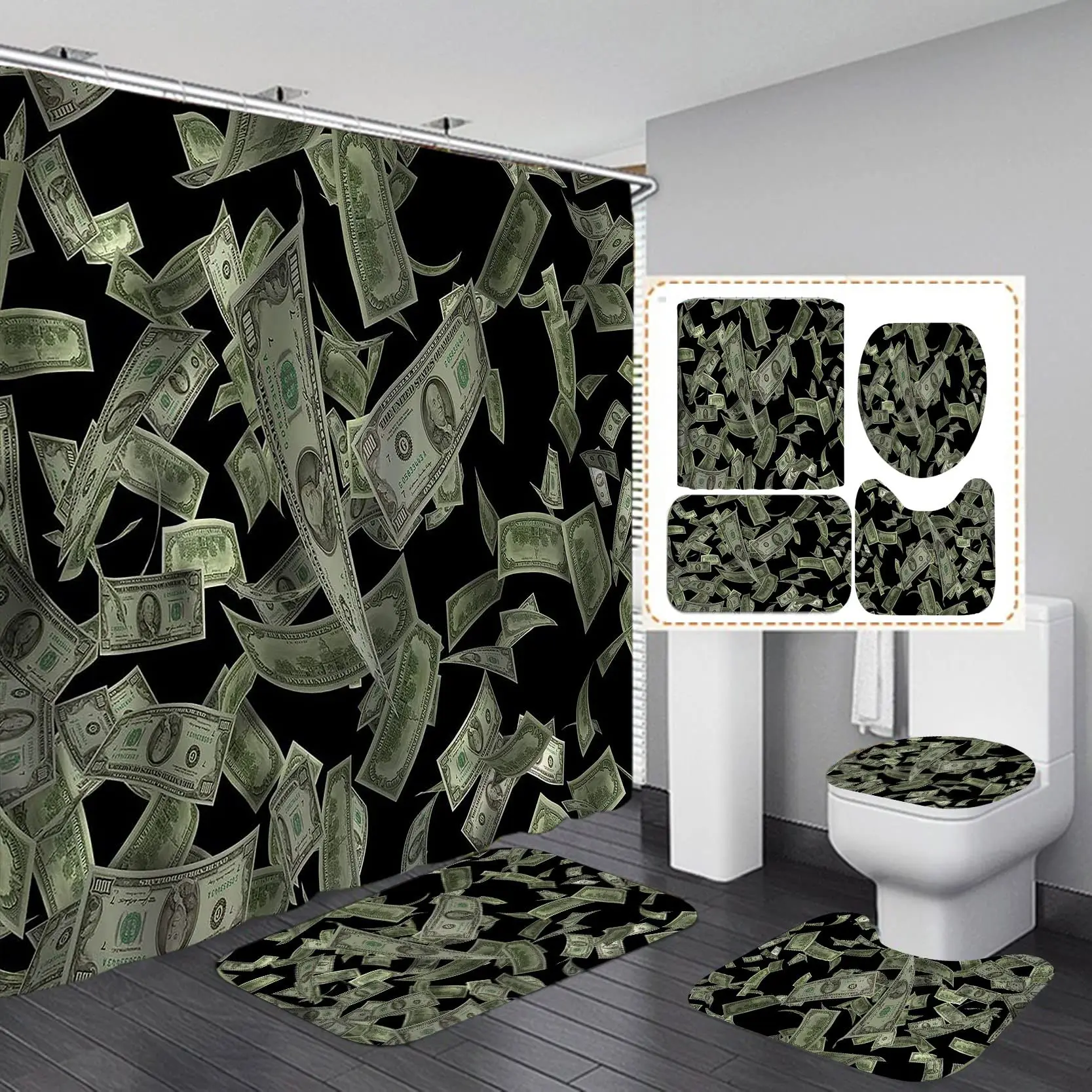 Money Shower Curtain Set Hundred US Dollar Bills Cash Benjamin Franklin Profile Luxury Modern Bath   Rugs Toilet Mats