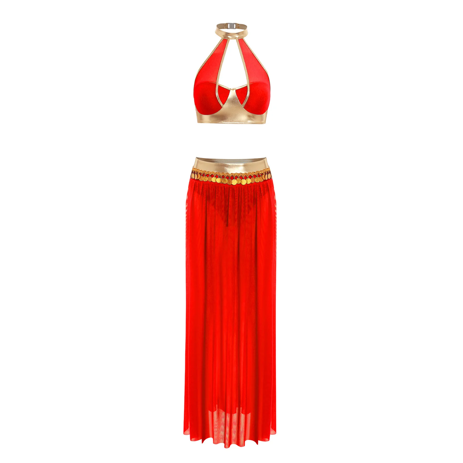 

Womens Belly Dance Outfits Halter Backless Crop Top with Split Mesh Skirt Sequin Tassel Metallic Spliced for Halloween Party