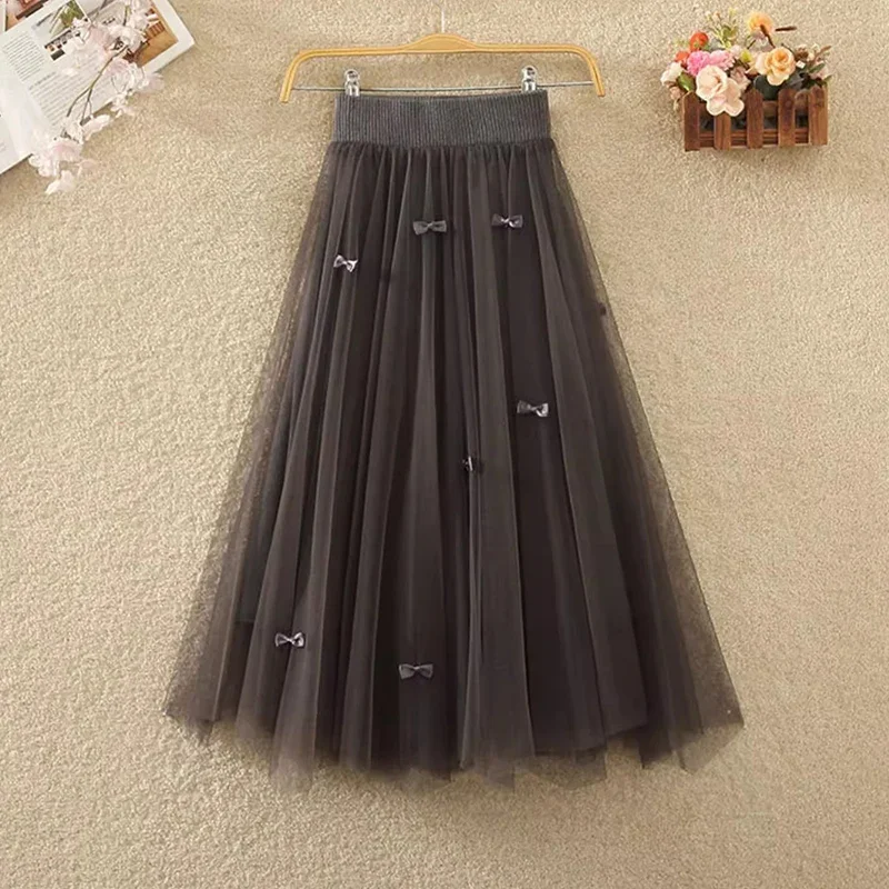 

Women Tulle Long Skirt with Knitted Lining Fall Winter Fashion Bow Irregular Hem High Waist Pleated Midi Skirt Female Z659