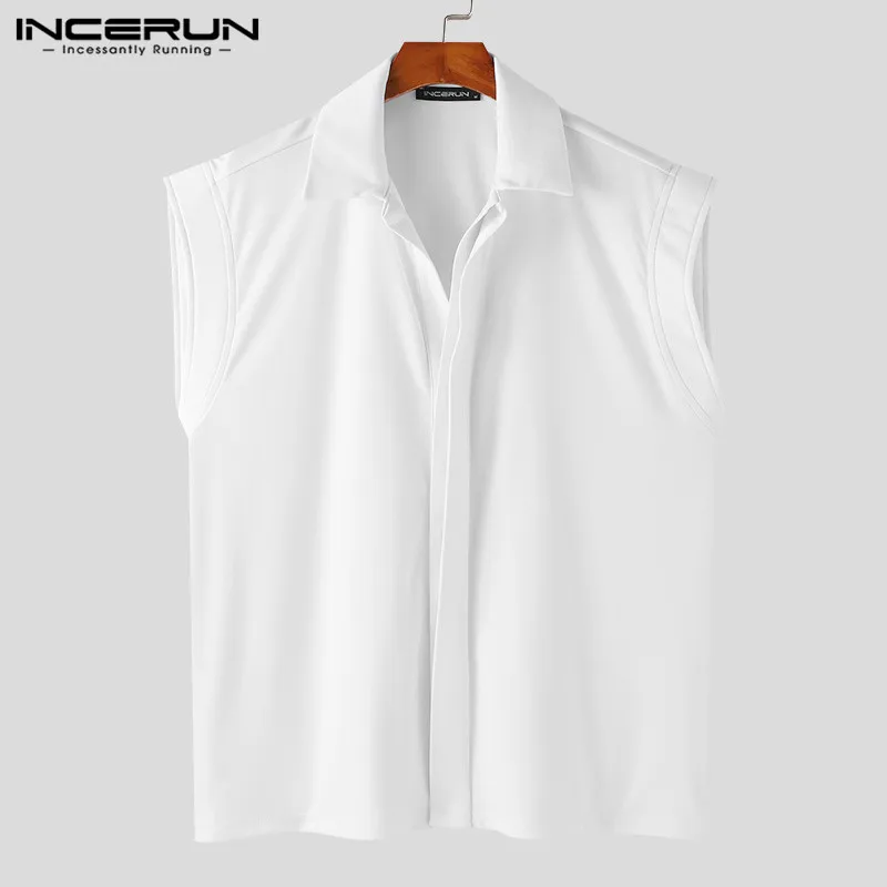 INCERUN Tops 2024 Korean Style Handsome Men\'s Simple Shirts Stylish Streetwear Solid Well Fitting Lapel Sleeveless Blouse S-5XL