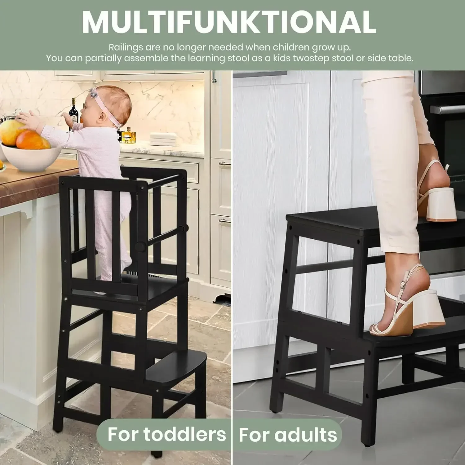 Kids Kitchen Step Stool Helper Baby and Toddler Multi-Function Step up Nursery Helper Stand with Safety Rail in Natural Bamboo,