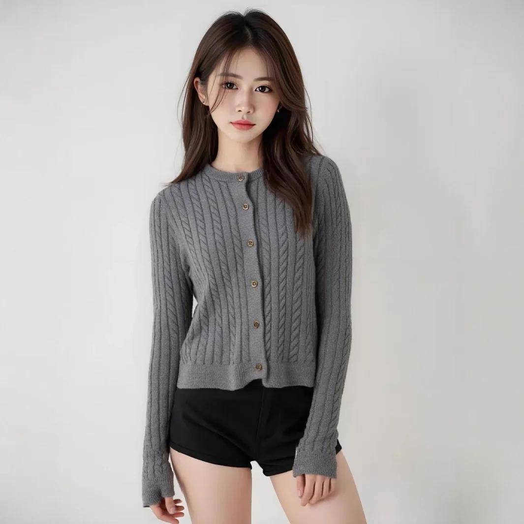 

Серый короткий свитер с жареным тестом, пальто, женский осенний новый вязаный кардиган в ленивом стиле, топ