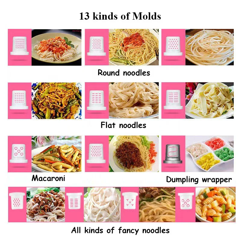 Automatic 110V 220V Noodle Maker with 13 Kinds of Molds Fast Kneading 650g Noodles Making Machine English Panel Kitchen Use