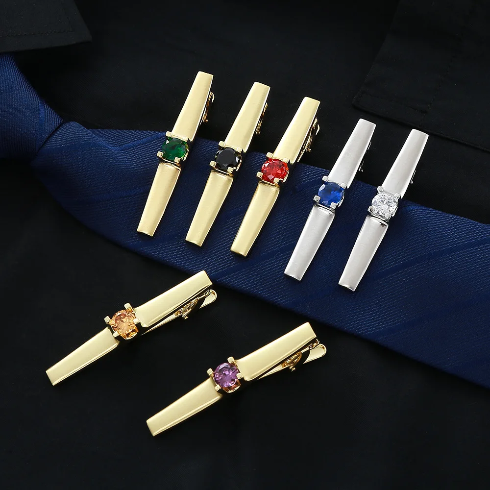 Colored Gemstone Pointed Tie Clip Men's Gold and Silver Business Tie Clip Formal Suit Shirt Diamond Inlaid Tie Decorative Clip