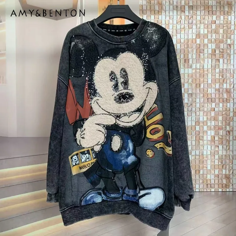 سترة جديدة لخريف وشتاء 2025 بغطاء للرأس من الصوف سترة ثقيلة مغسولة سترة شبابية عصرية برسوم كارتونية فضفاضة برقبة مستديرة