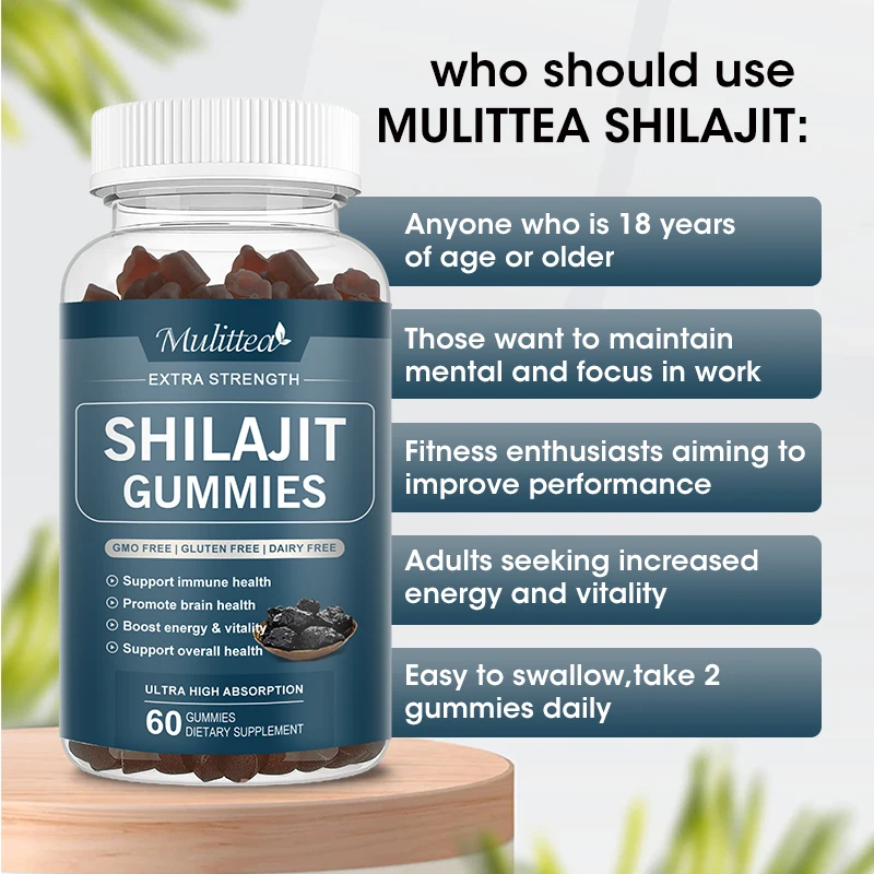 Mulittea Pure Organic 100% Shilajit Gummies avec 85 + Trace nap& Fulvic Acid Support Energy and Immune Male Hormone