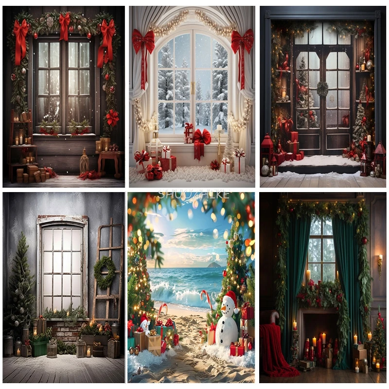 

Vintage Christmas Day Photography Backdrops Prop Fireplace Winter Xmas Tree Decoration Flower Garland Wood Door Background JL-02