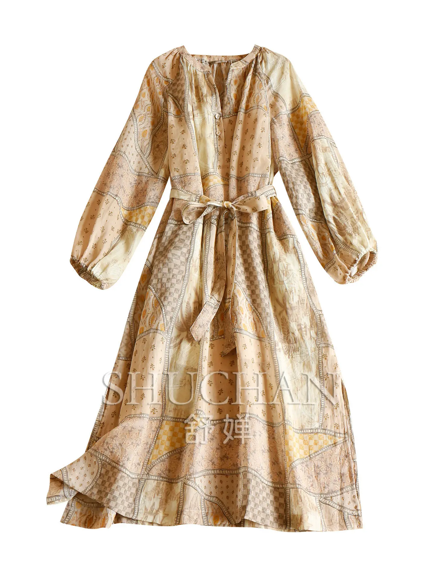 

Prosperous Secret Land Method Warm Brown Crew Neck Ramie Printed Lantern Sleeve A-shaped Pendulum Dress Women 07X5