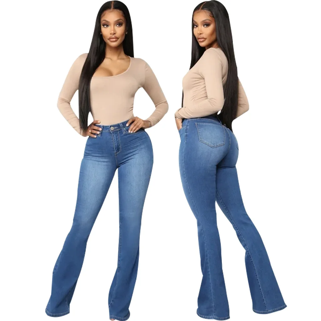 Jeans Women Flare Pants Long Pant Slim Fit High Waist Sexy Hip Wrap Solid Denim Trousers Elegant Splice Simple Summer 2024