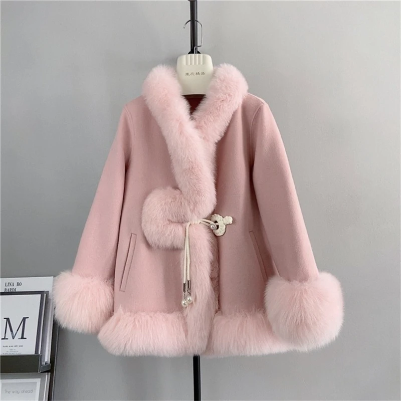 

2023 Fall and Winter Double-sided Wool Tweed Jacket Natural Fox Fur Celebrity New Female Warm Parka Coat PT479