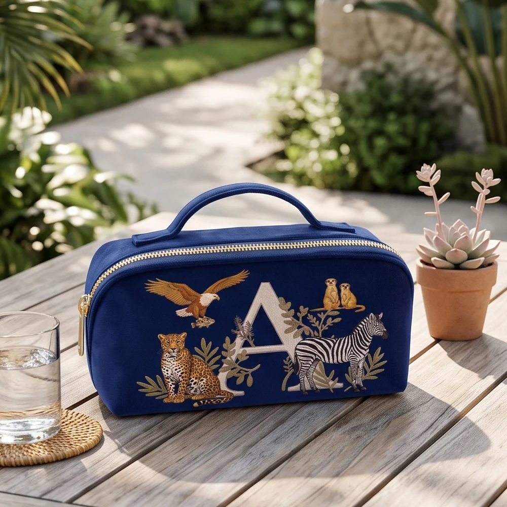 Navy Blue Luxury Storage Pouch Imitation Embroidery animal Makeup Organizer Velvet Cosmetic Bag Gift For Women Travel Makeup