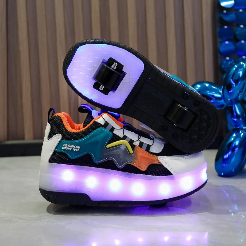 LED Student Flash Shoes Children Rechargeable Light Shoes Kids Roller Skates Boys and Girls Button Sneakers