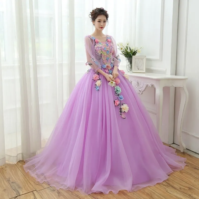 Trajes De Quinceaneras 2022 Neue V-ausschnitt Rosa Langarm Quinceanera Kleider Spitze Blume Plus Größe Lace Up Nach Maß abendkleid