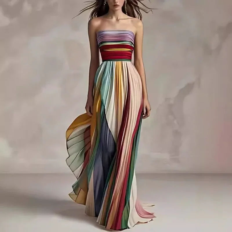 Fashion Rainbow Party Long Dresses for Women Summer Sexy Off Shoulder High Waist Corset Folds Strapless Backless Dress Vestidos