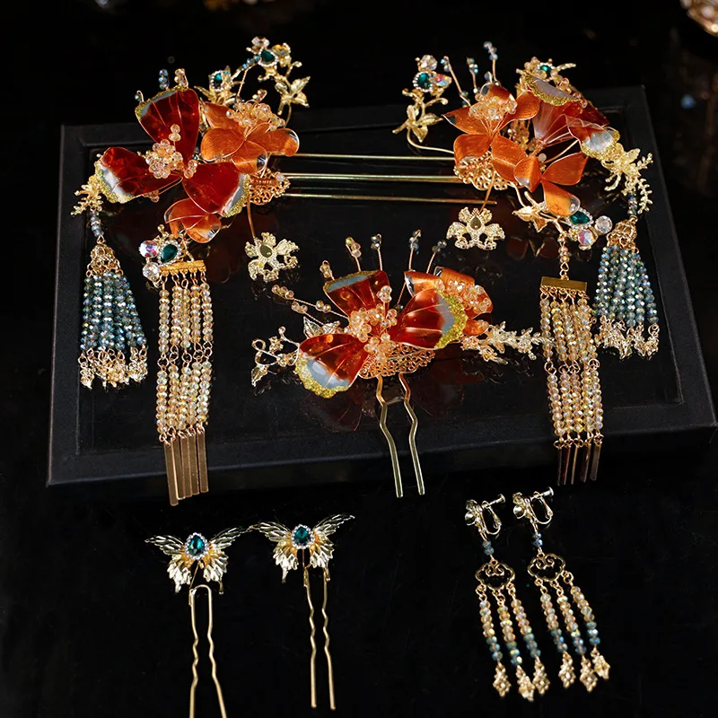 Xiuhe غطاء الرأس غطاء الرأس الزفاف جديد الصينية الكلاسيكية الأحمر المياه التخثر زهرة إكسسوارات الشعر دعوى وثوب الزفاف