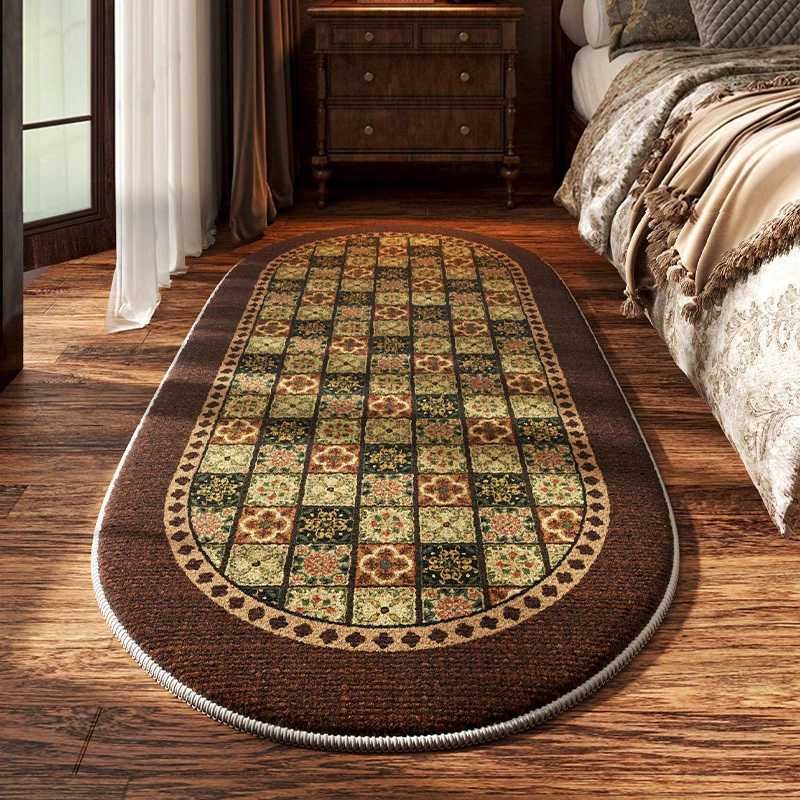 Bedroom Bedside Carpet Non-slip Soft Comfortable Floor Mat American Retro Flower Pattern Rug Oval Long Home Decoration Mats 양탄자