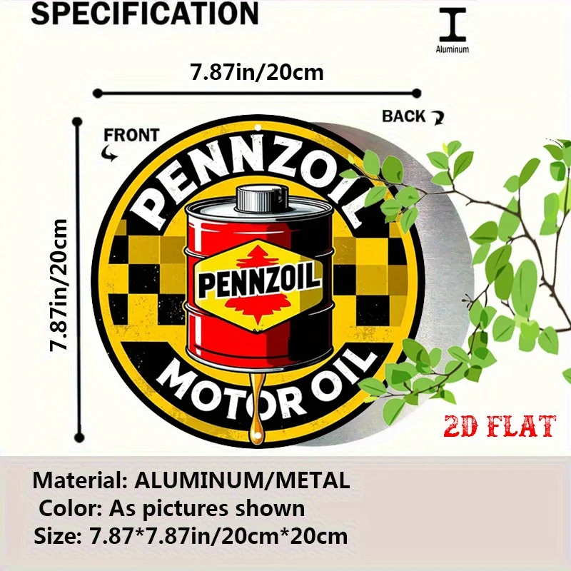 2D Flat, 1pc Racing Design Round Aluminum Sign - Pennzoil Brand Motor Oil Metal Tin Wall Decor, 7.87x7.87 Inch Black & Yellow Ch