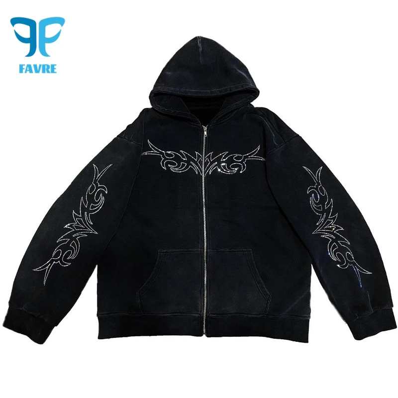 FAVRE Waffle Plaid Sweatshirts Men Zipper Letter Rhinestone Hoodies Loose Autumn Winter Cardigan Y2K All-match Vintage Outwear