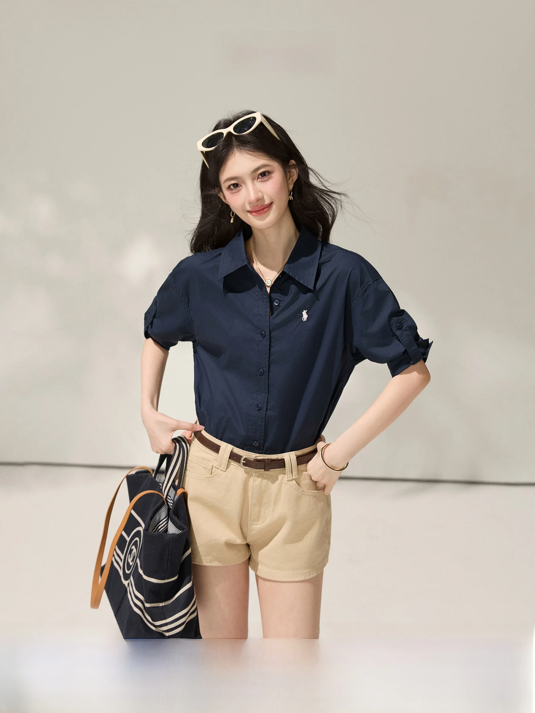 

Женская рубашка Qiu Yangxi в стиле кэжуал с вышивкой, свободного кроя, с рукавом до локтя, отложным воротником, дышащая, летняя, модная