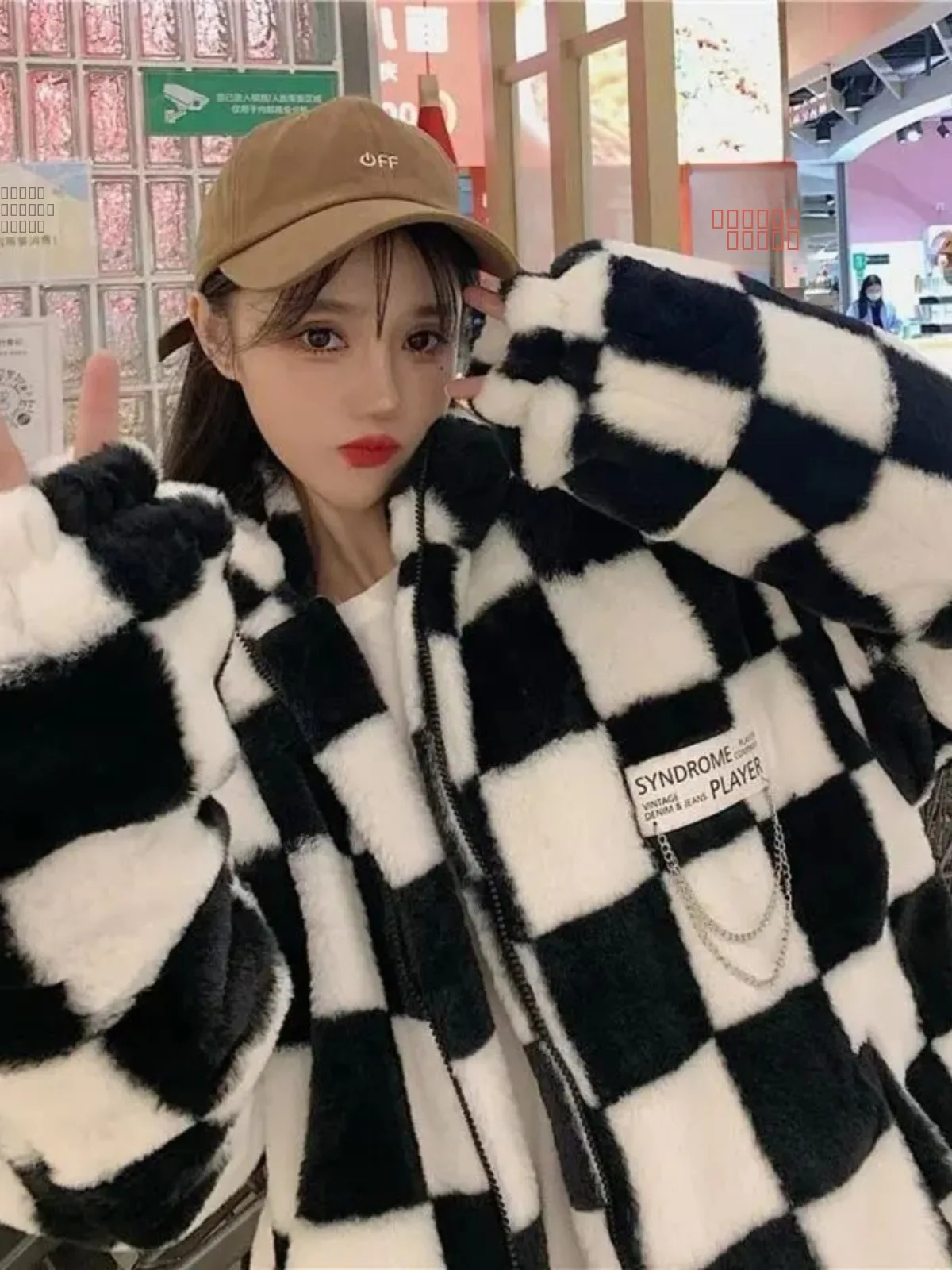 

Женский топ Fce в клетку большого размера с теплым осенне-зимним верхним узором, шикарный бархатный длинный топ из ягненка