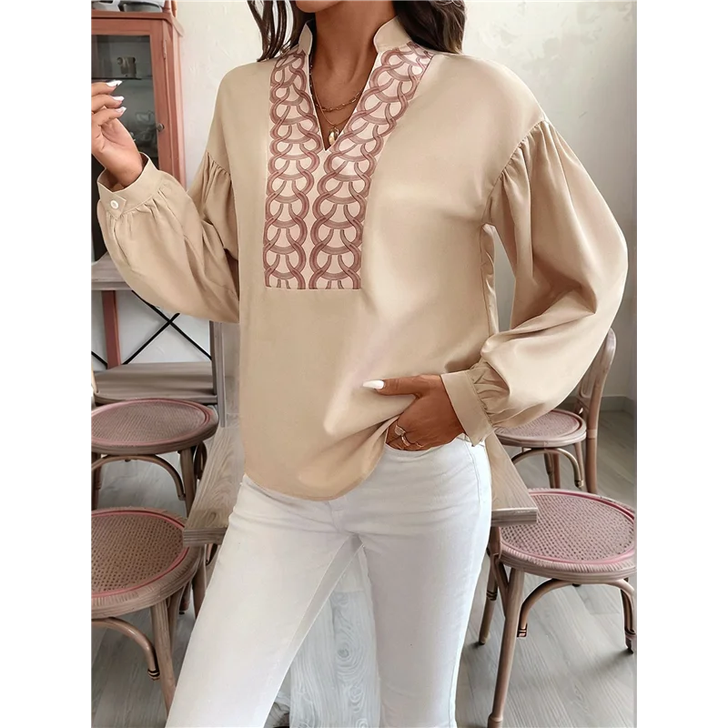 ASDS-Dames V-hals Geplooid Kantoortopje met lange mouwen Retro Elegant Open voorkant Rond patroon Opstaande kraag