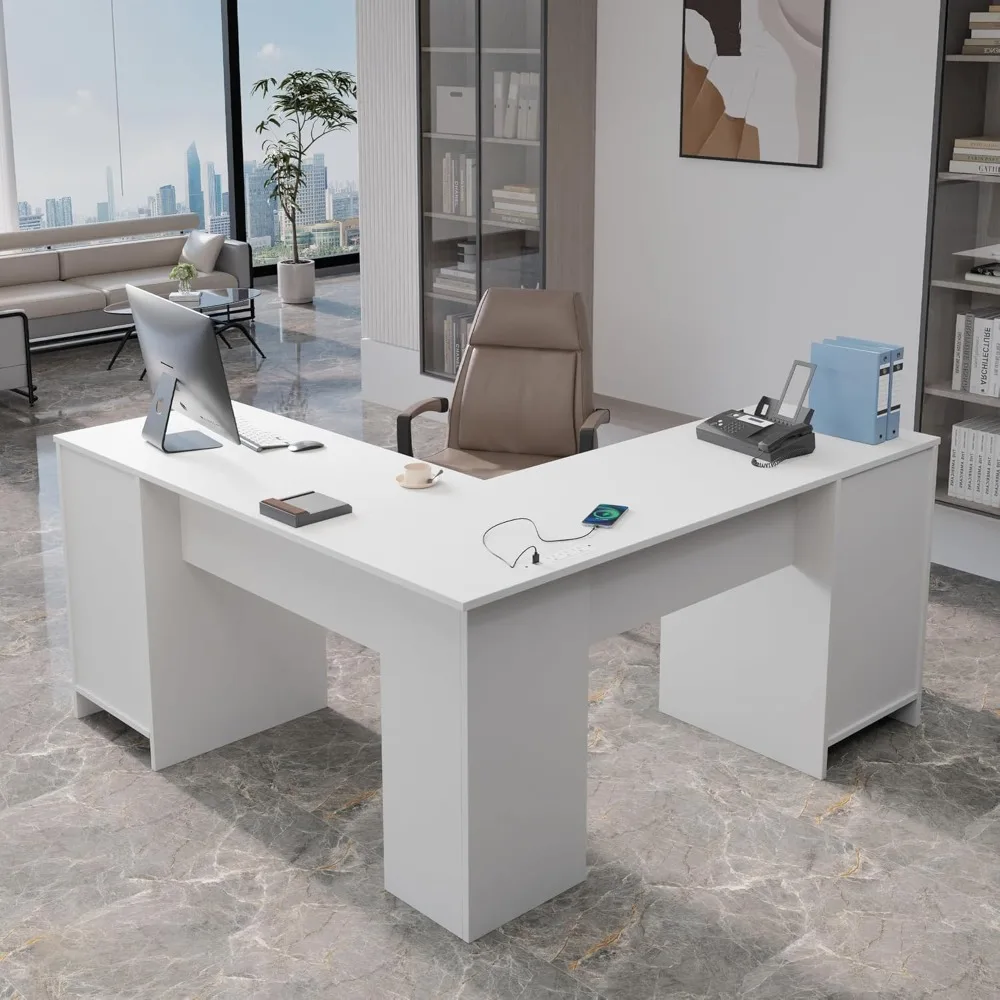 L Shaped Desk with File Cabinet, Corner Computer Desk with Storage Drawers, Large Home Office Table with Power Outlets
