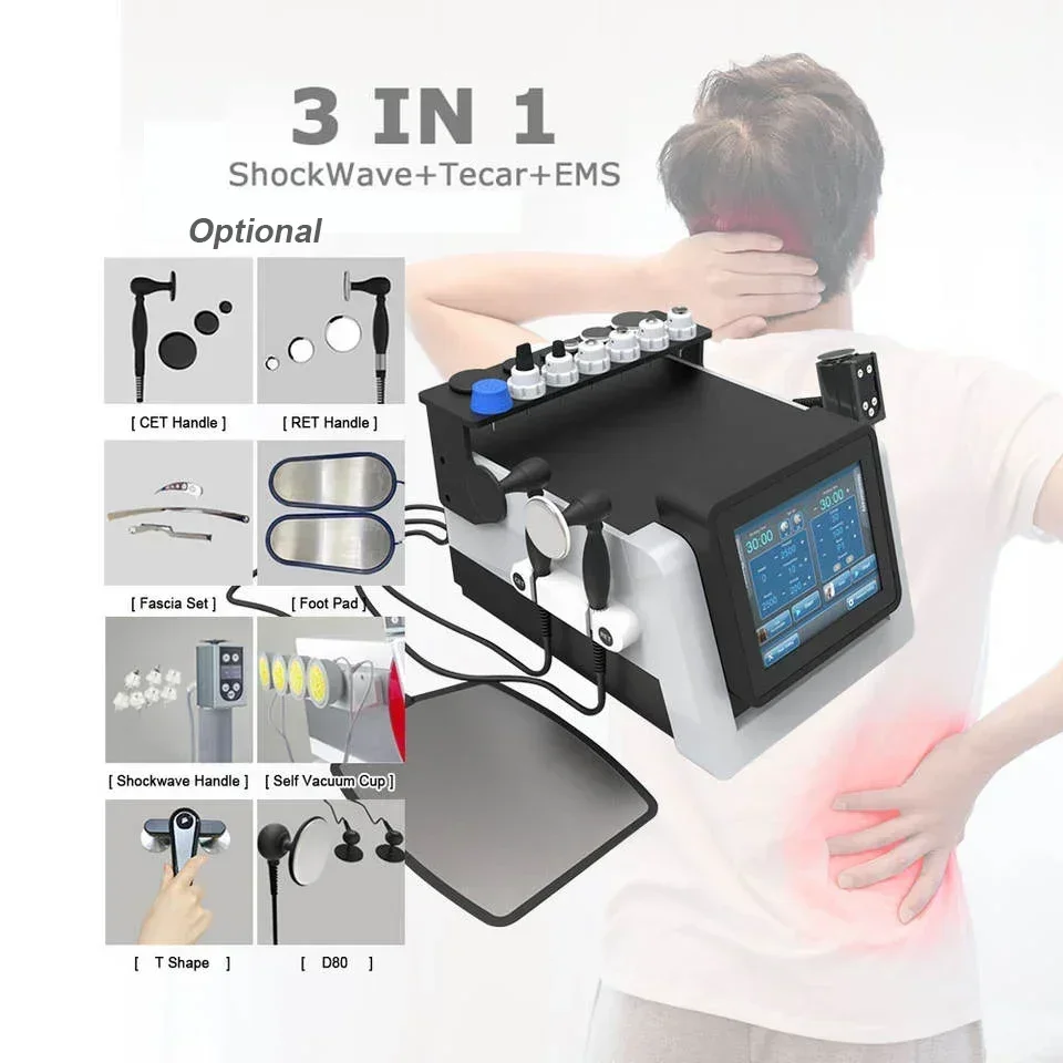 3 In 1 Physical Therapy Machine 448khz CET RET Tecar EMShock Physiotherapy Electromagnetic Shockwave Pain Relief Equipment