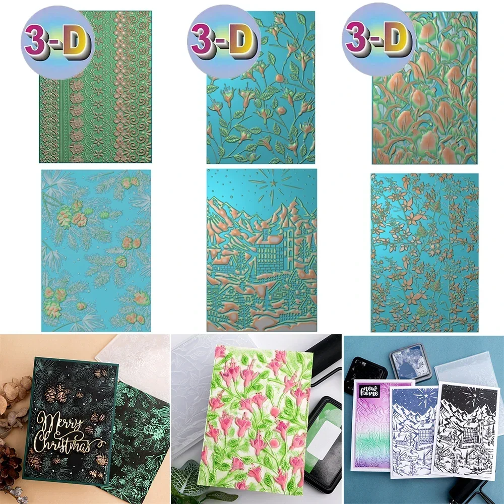 3D-Prägeordner, blühende Blumen, Winterdorf, weiße Kiefern, Hintergrund zum Hinzufügen von strukturierten Details an Papierhandwerksprojekt