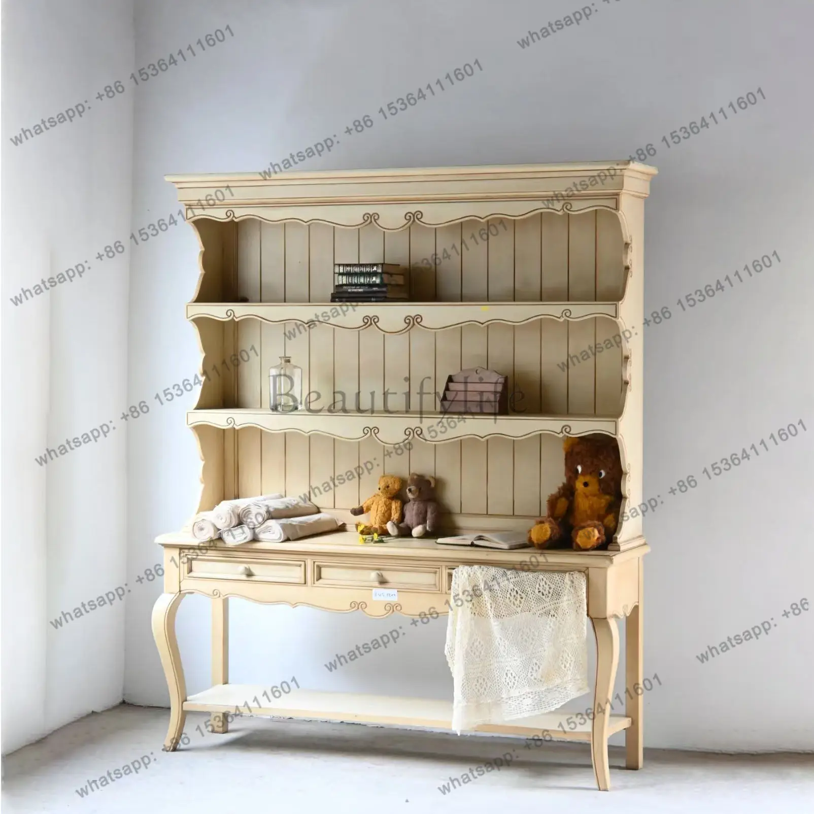 French retro solid wood side cabinet American engraved old desk locker dresser