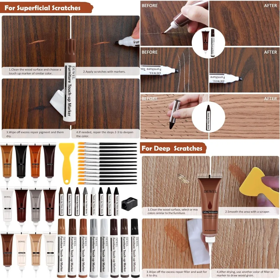 

Wood Furniture Repair Kit Upgrade with Wood Filler Furniture Touch Up Markers and Wax Sticks 42 Pcs Floor Touch Up Kit for Scra