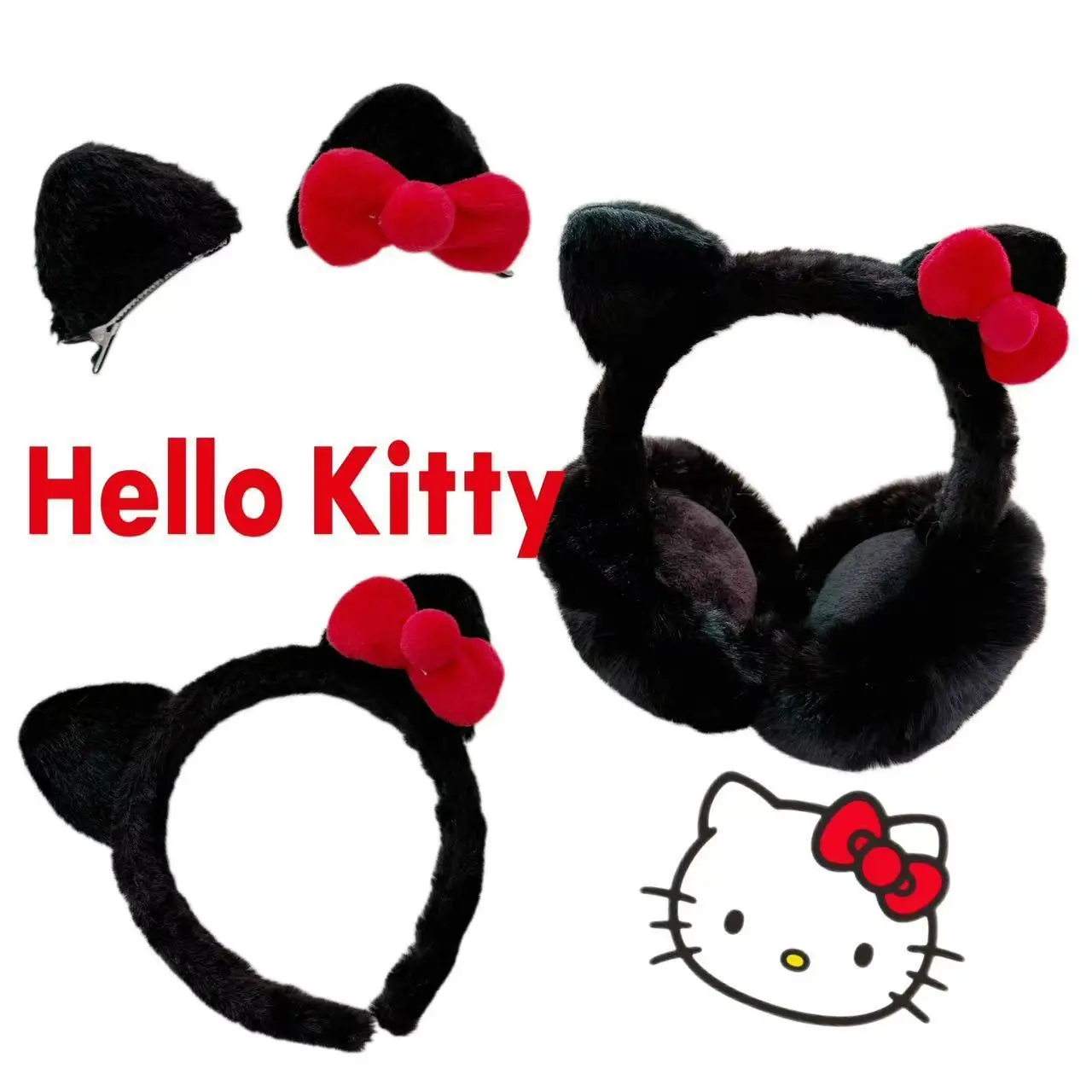 Dark Hello Kitty Plush Fuzzy Earmuffs Hair Clips And Hair Bands For Women Y2k Cute Sweet Black Kitty Cozy Headwear Accessories