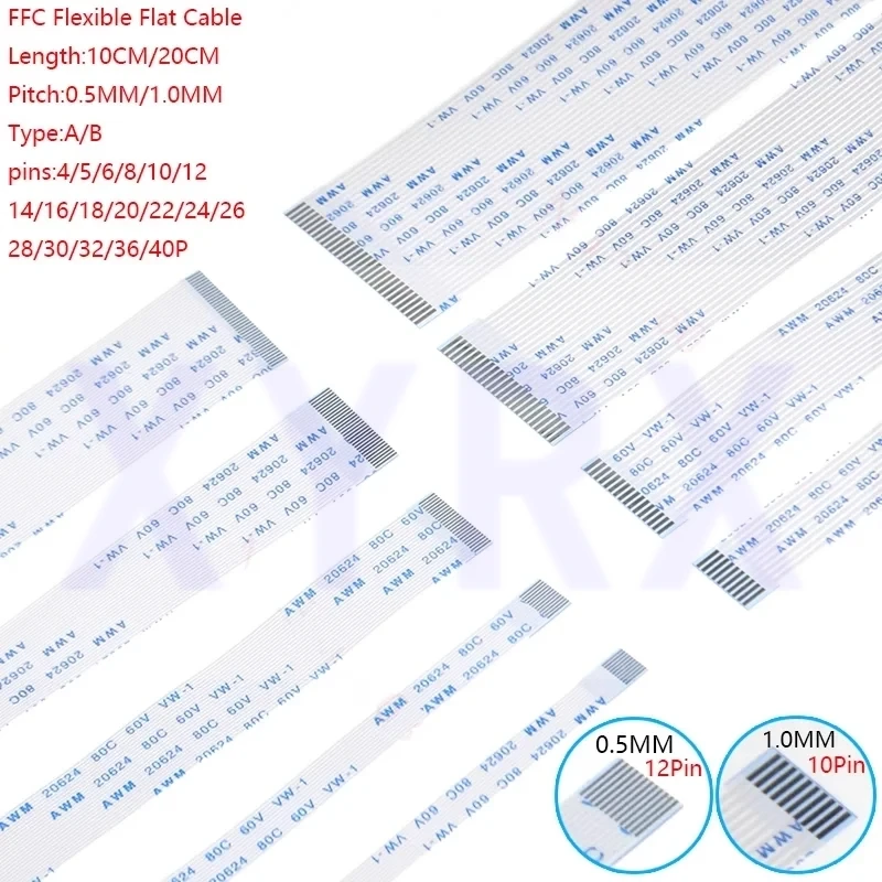 10Pcs FPC/FFC Ribbon Flexible Flat Cable 0.5MM Pitch 4 5 6 8 10 12 14 16 18 20 22 24 26 30 32 34 36 38 40 45 50 54 60 Pin