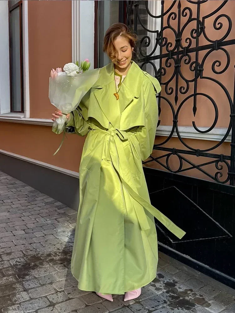 

Зеленая длинная ветровка с лацканами и поясом, женское свободное пальто с длинным рукавом и v-образным вырезом на шнуровке, женская осенняя уличная повседневная верхняя одежда