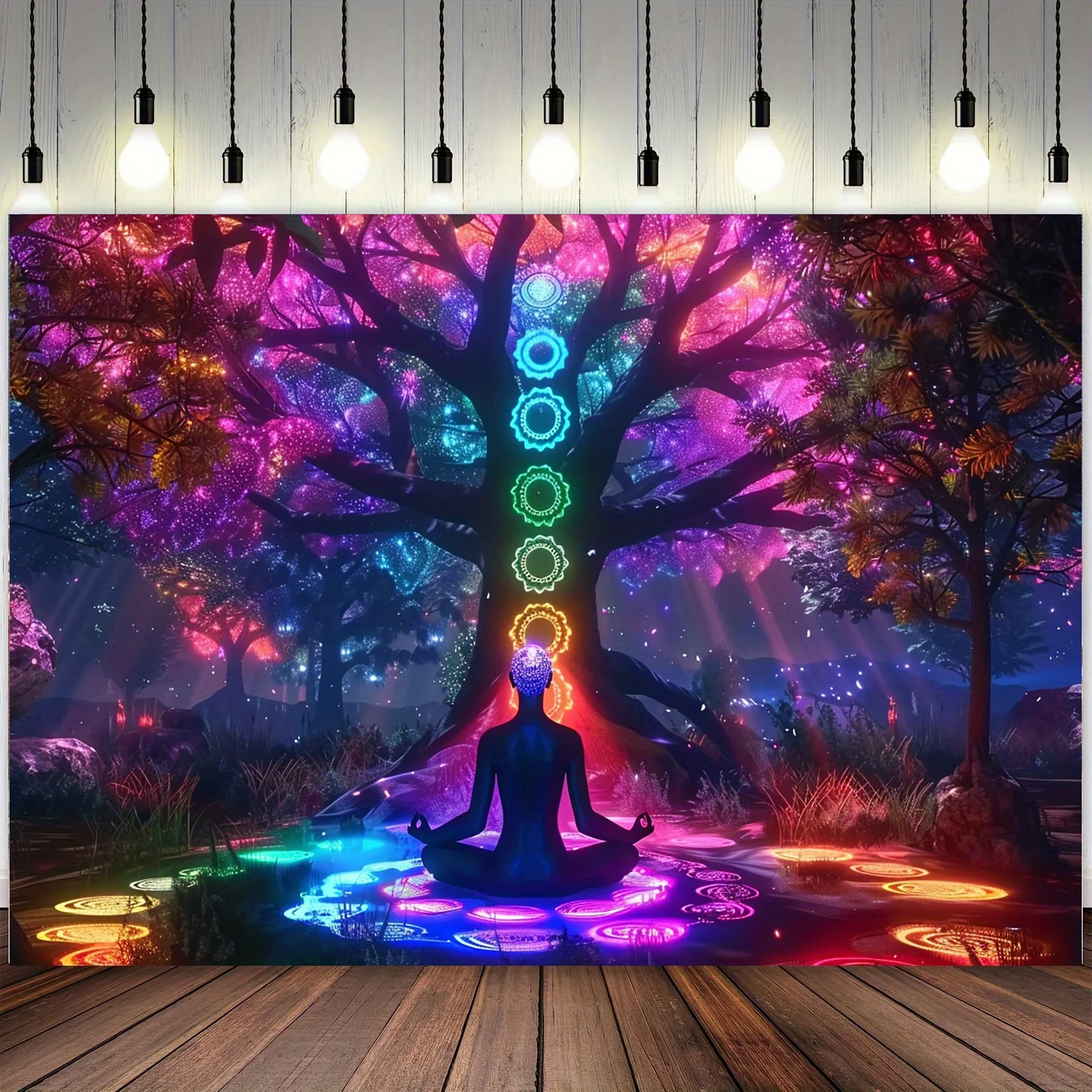 Chakra Meditation Silhouette Galaxy Tree Yoga Art 2D Flat Tapestry Backdrop For Yoga Studio Decor Spiritual Wall Hanging