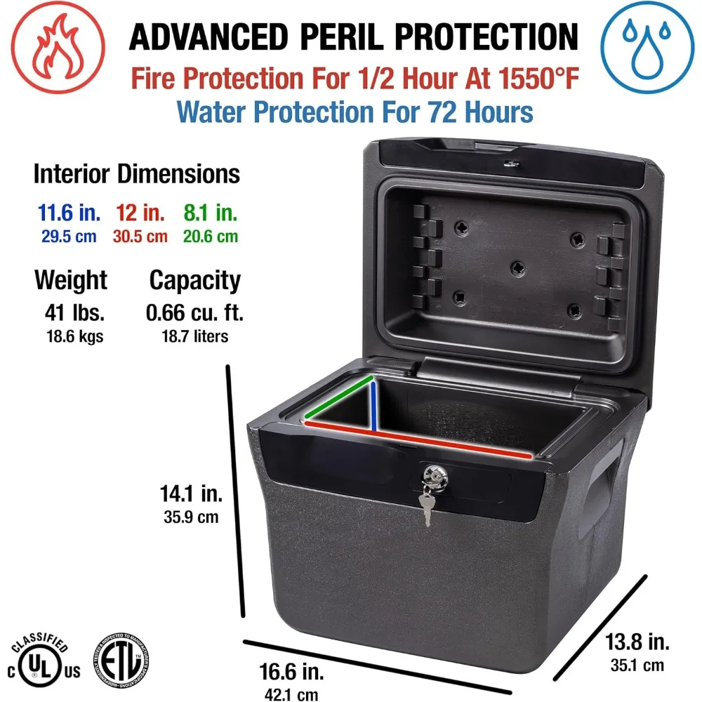 Fireproof and Waterproof Lock Box with Key Lock, File Safe with Carrying Handles for Documents, 0.66 Cubic Feet