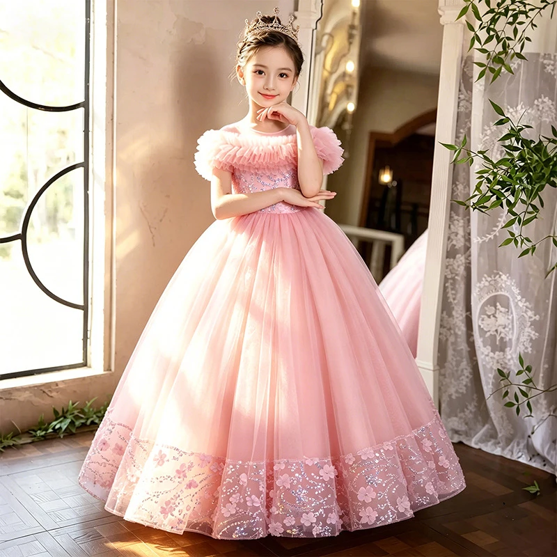 New evening dress for girls, high-end light luxury niche host piano lace floral bow princess dress
