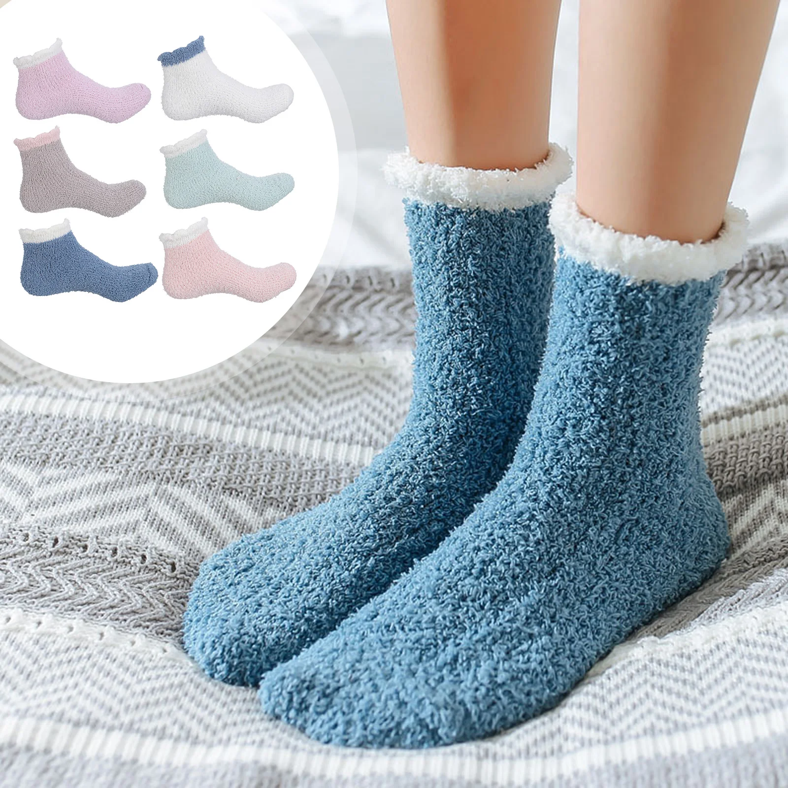 6 Pairs House Slippers Coral Fleece Warm-Keeping Socks Winter Comfortable Ladies