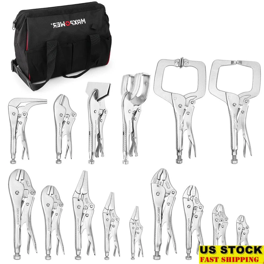 15 قطعة المشبك كماشة مجموعة مع أداة حقيبة طويلة الأنف منحني الفك مستقيم الفك قرصة قبالة الصفائح المعدنية U-شكل تجتاح قفل المشابك