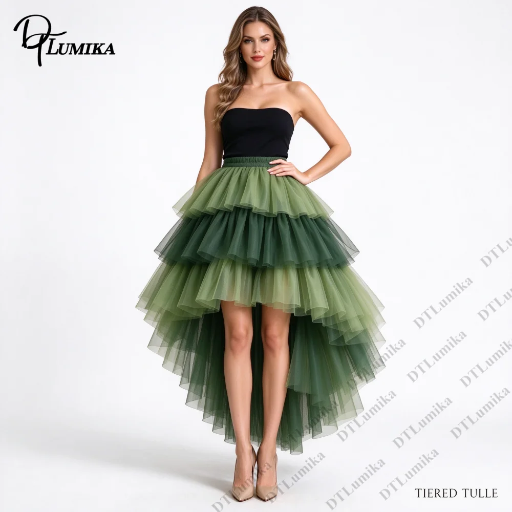 Women Ombre Green Tiered Tulle Skirt Elastic Waist High Low Asymmetrical Tutu Skirt, Multi-Layer Ruffled Mesh Party Skirt
