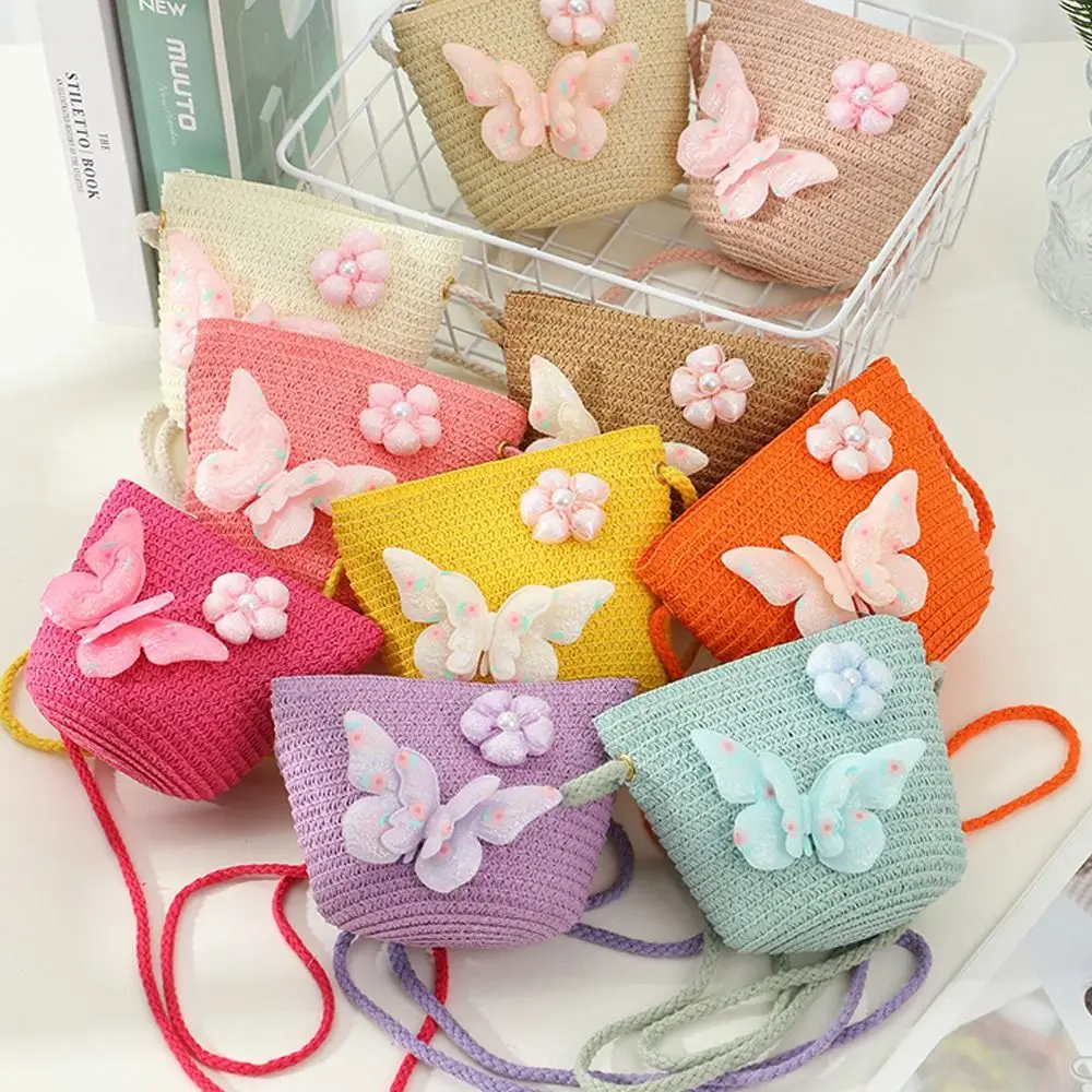 Creative Handmade Kids Straw Bag Shell Shape Butterfly Flower Crossbody Bag Woven Shoulder Bag Children Girls