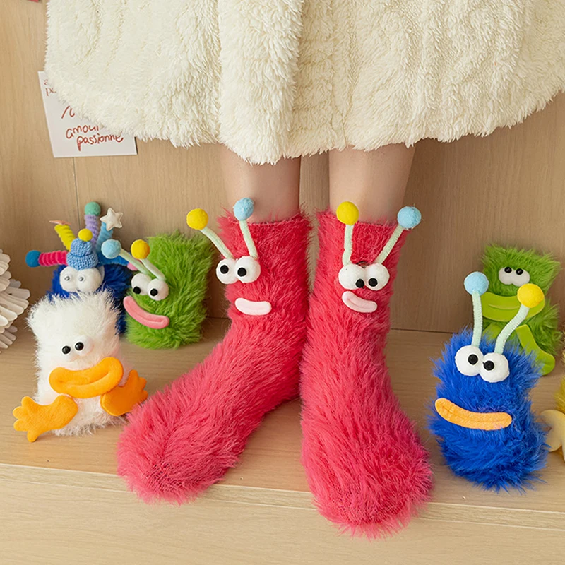 1Pair Funny Monster Socks Girls Autumn Winter Warm Coral Fleece Floor Socks Couple Sleep Sock Fuzzy Socks Cute Stockings Gifts