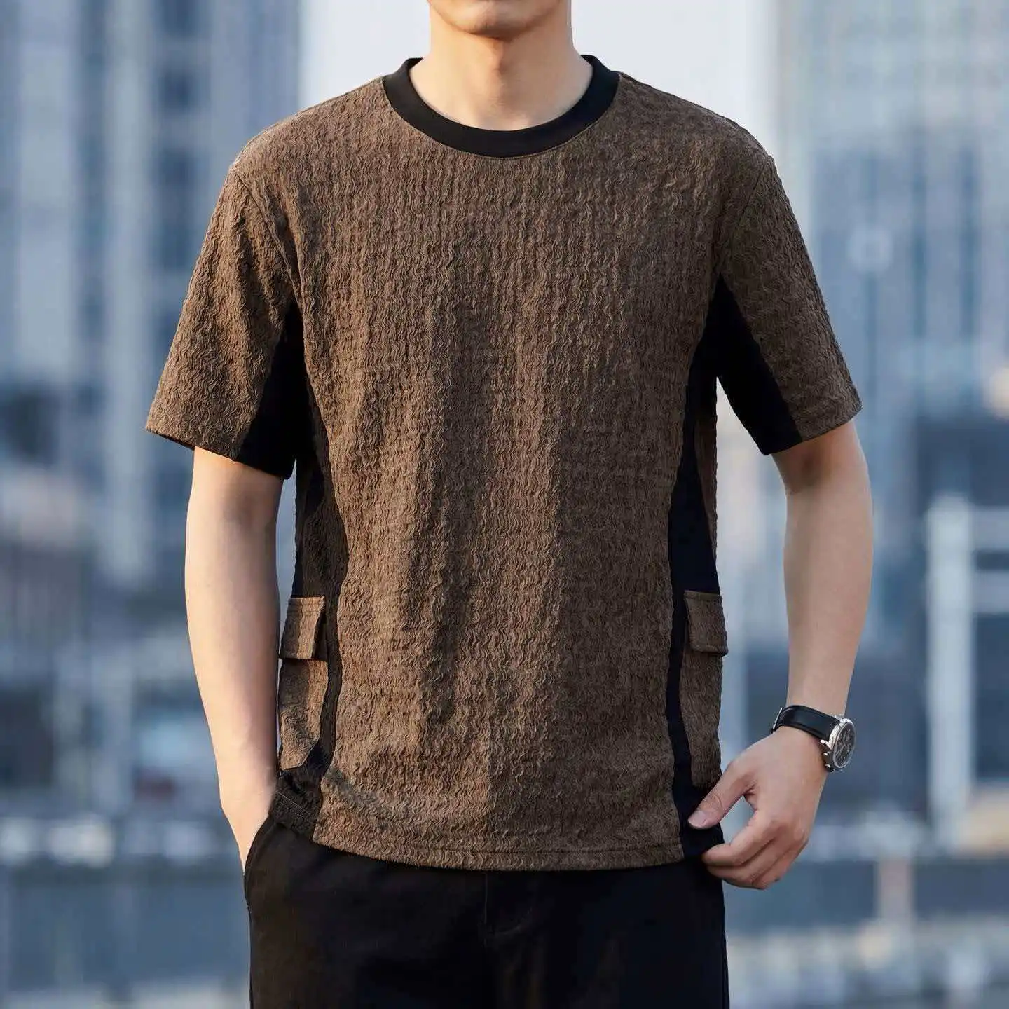 Men's Casual Knit T-Shirt With Patchwork Design Round Neck Short Sleeve Breathable Daily Wear Spring Autumn Style