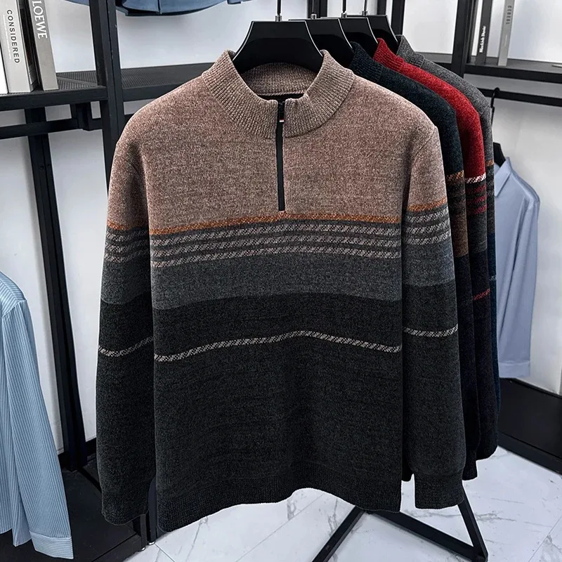 

Индивидуальный полосатый вязаный пуловер с цветными блоками, мужской высококачественный плюшевый утолщенный теплый модный свитер с круглым вырезом и полумолнией