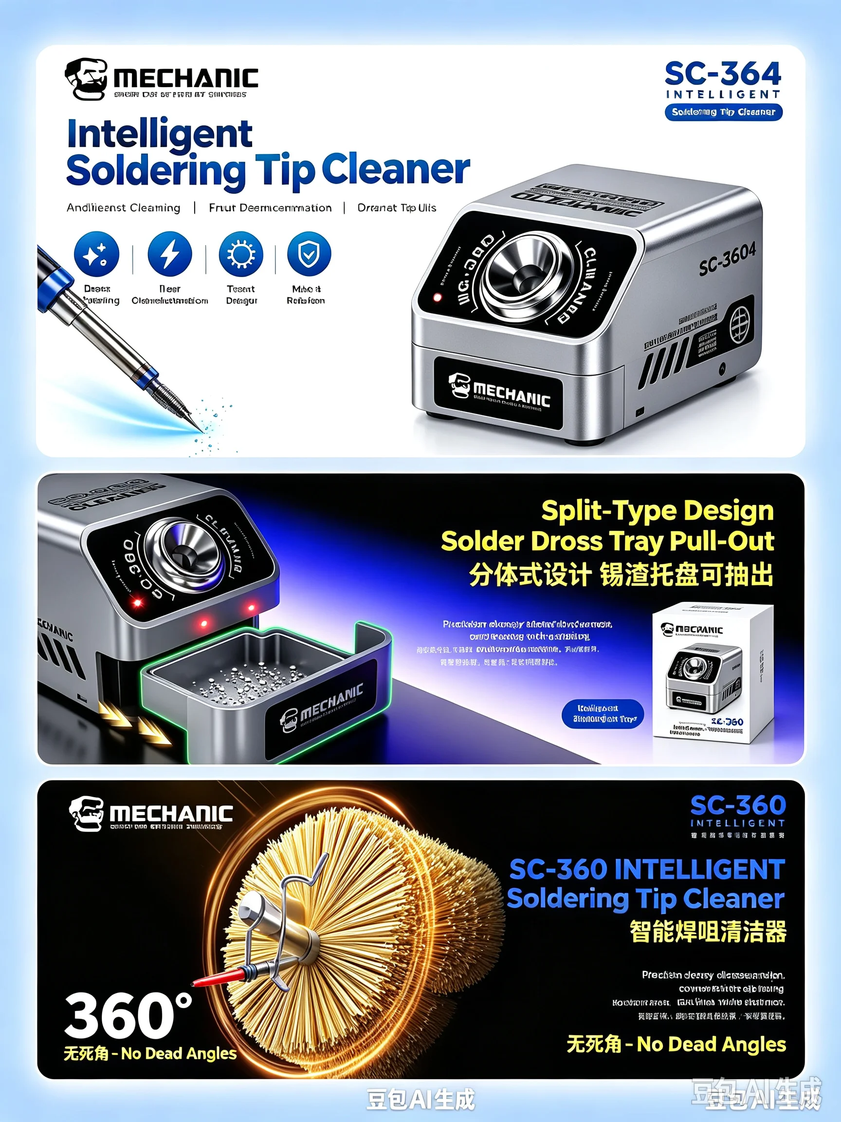 MECHANIC soldering iron tip cleaner with smart sensing functionality. Suitable for a wide range of soldering iron tips.